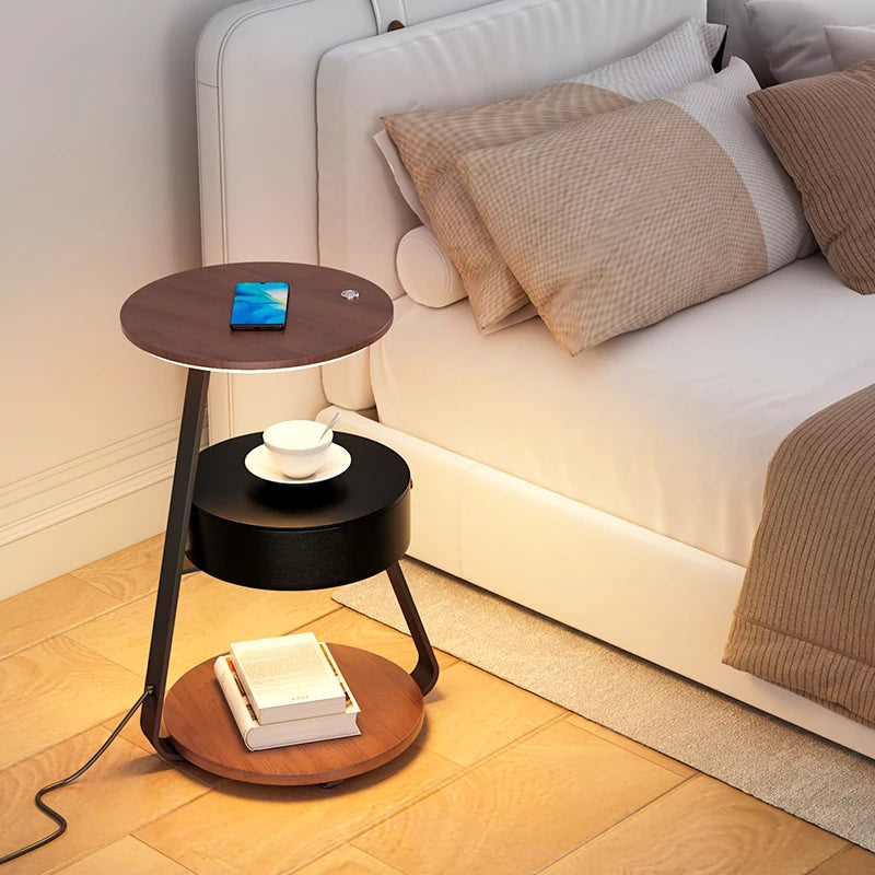 Bedroom Minimalist Nightstands Small Space Round Light Smart Bedside Table With Wireless Charger Nachttisch Library Furniture