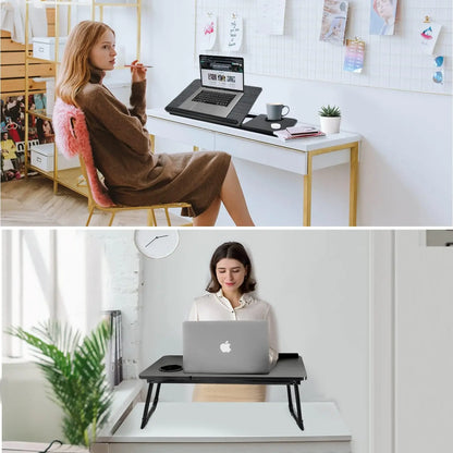 Work/Study in Bed Comfortably  Adjustable &amp; Foldable Lap Desk with Cup Holder, Ventilated Design Prevents Overheating.