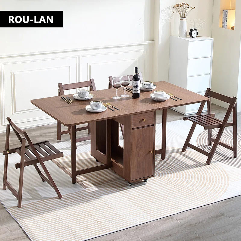 Folding Dining Table with 2 Drawers and 4 Wheels for Living Room,Kitchen, Farmhouse, Space Saving Table