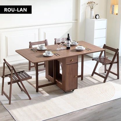 Folding Dining Table with 2 Drawers and 4 Wheels for Living Room,Kitchen, Farmhouse, Space Saving Table