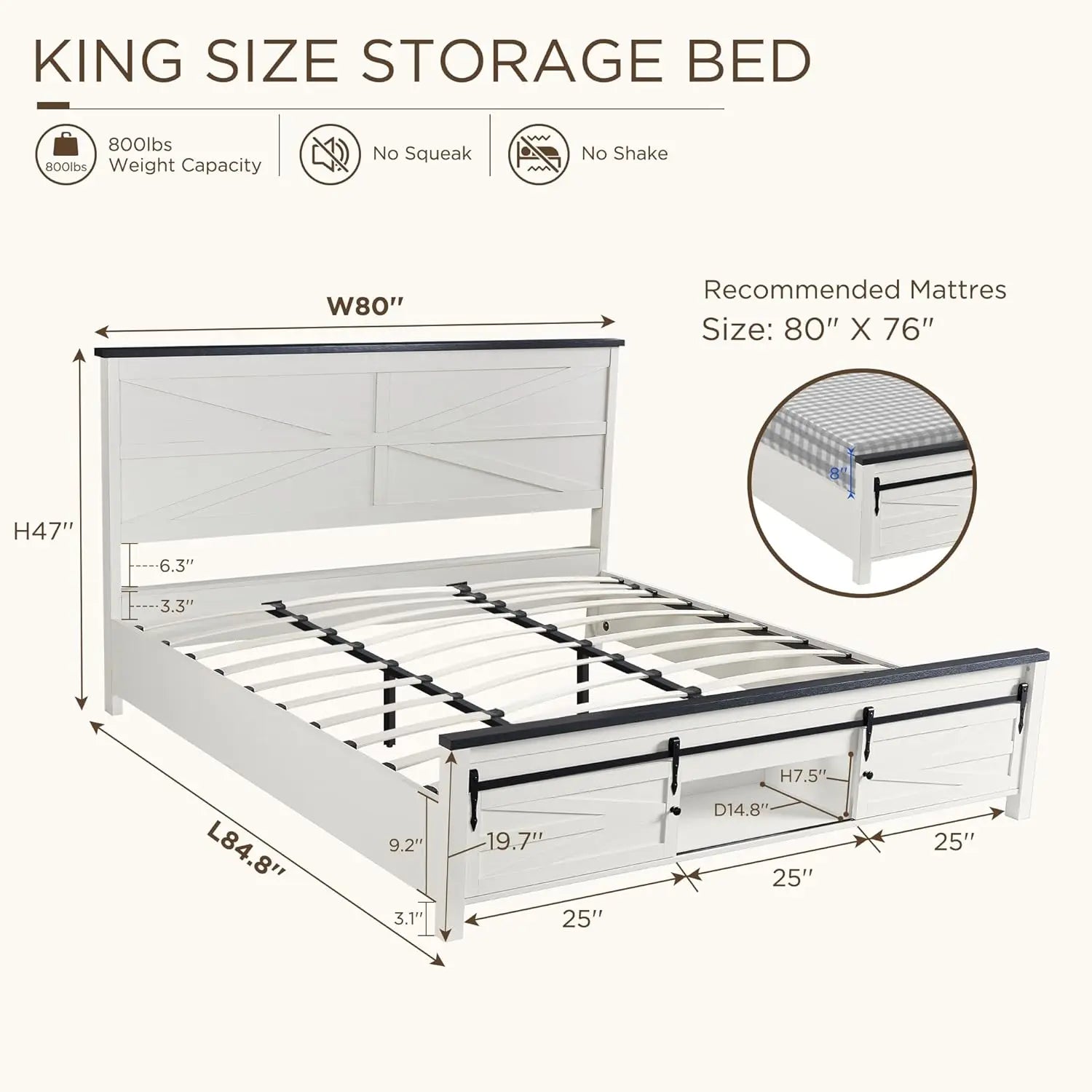 Farmhouse King Size Bed Frame with Headboard, Sliding Barn Door Storage Cabinets, Sturdy Wood Slats Support, No Box, Customized