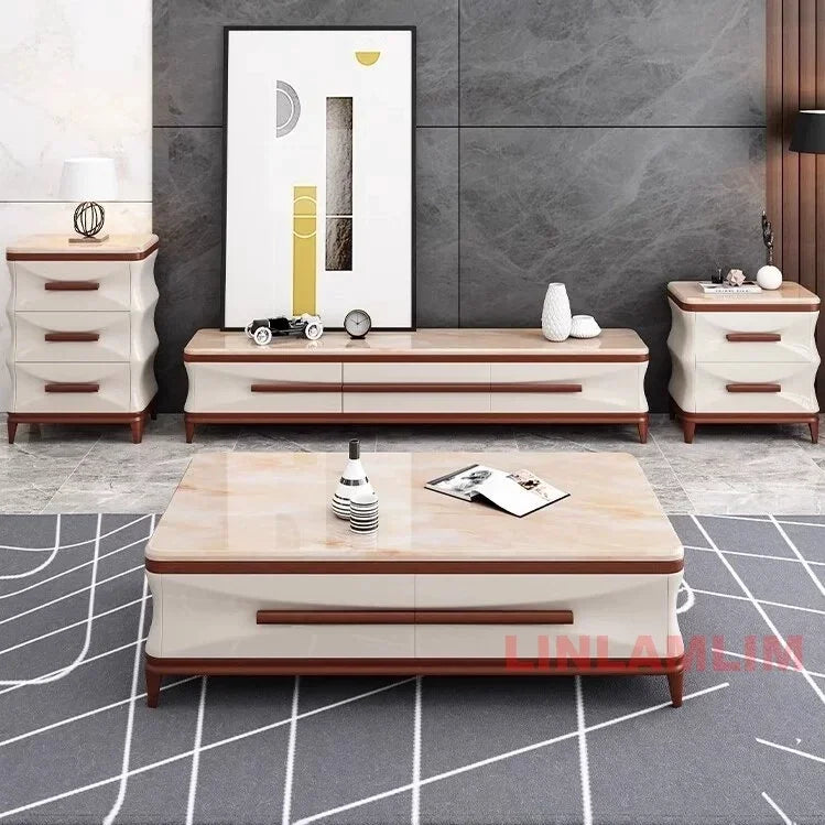 Linlamlim Modern Luxury Living Room Furniture - Coffee Table, TV Stand, and Side Cabinets with Marble Finish and Wooden Accents
