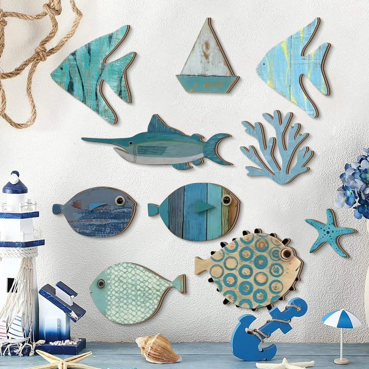 Handcrafted Wooden Ocean Wall Decor - Fish, Coral, Starfish &amp; Sailboat Set for Home/Bathroom, Coastal Style Art