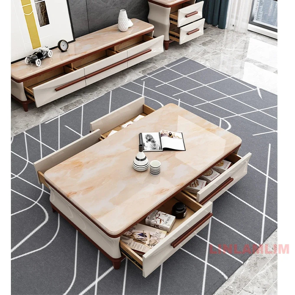 Linlamlim Modern Luxury Living Room Furniture - Coffee Table, TV Stand, and Side Cabinets with Marble Finish and Wooden Accents