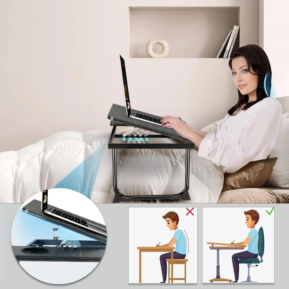 Work/Study in Bed Comfortably  Adjustable &amp; Foldable Lap Desk with Cup Holder, Ventilated Design Prevents Overheating.