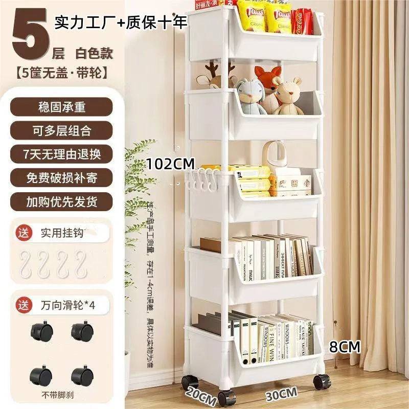 Household Living Room, Bedroom, Kitchen Small Trolley Storage Rack, Snack Floor-Standing Multi-Layer Mobile Storage Bookshelf
