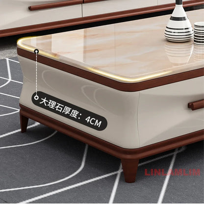 Linlamlim Modern Luxury Living Room Furniture - Coffee Table, TV Stand, and Side Cabinets with Marble Finish and Wooden Accents