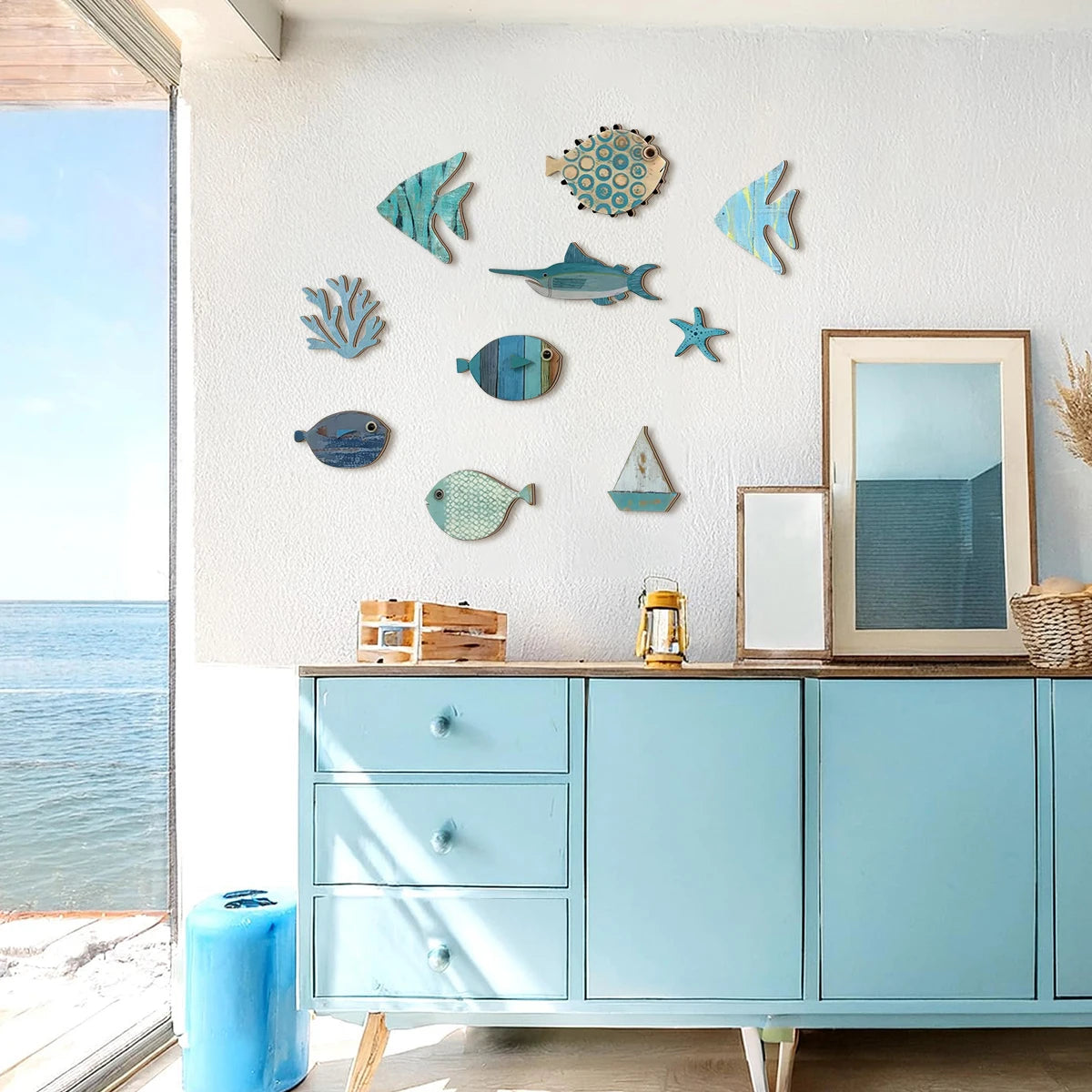 Handcrafted Wooden Ocean Wall Decor - Fish, Coral, Starfish &amp; Sailboat Set for Home/Bathroom, Coastal Style Art
