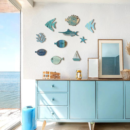 Handcrafted Wooden Ocean Wall Decor - Fish, Coral, Starfish &amp; Sailboat Set for Home/Bathroom, Coastal Style Art