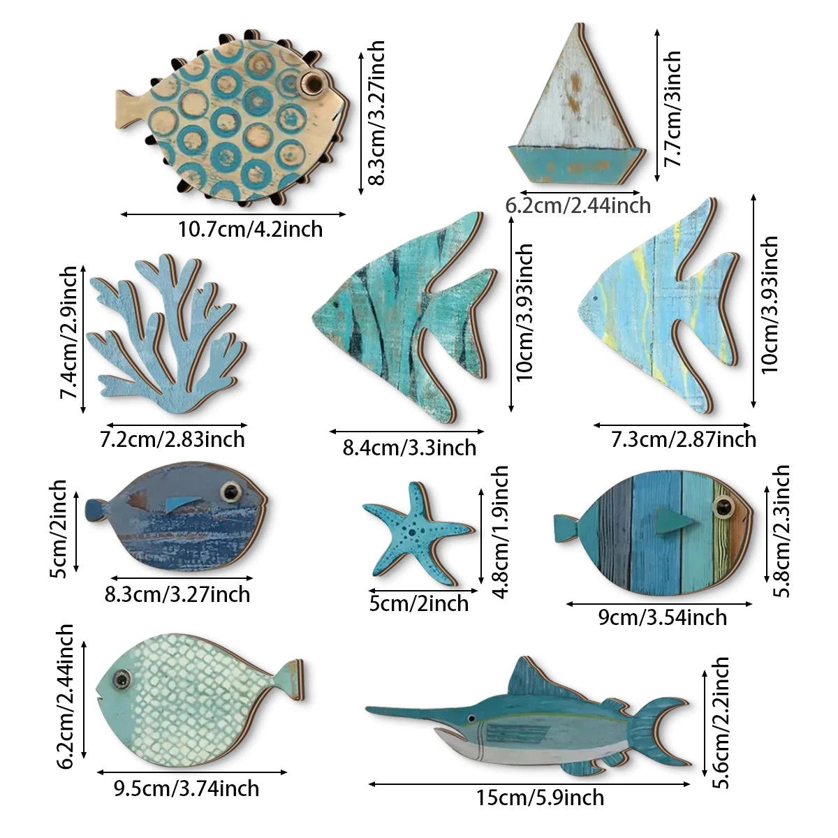 Handcrafted Wooden Ocean Wall Decor - Fish, Coral, Starfish &amp; Sailboat Set for Home/Bathroom, Coastal Style Art