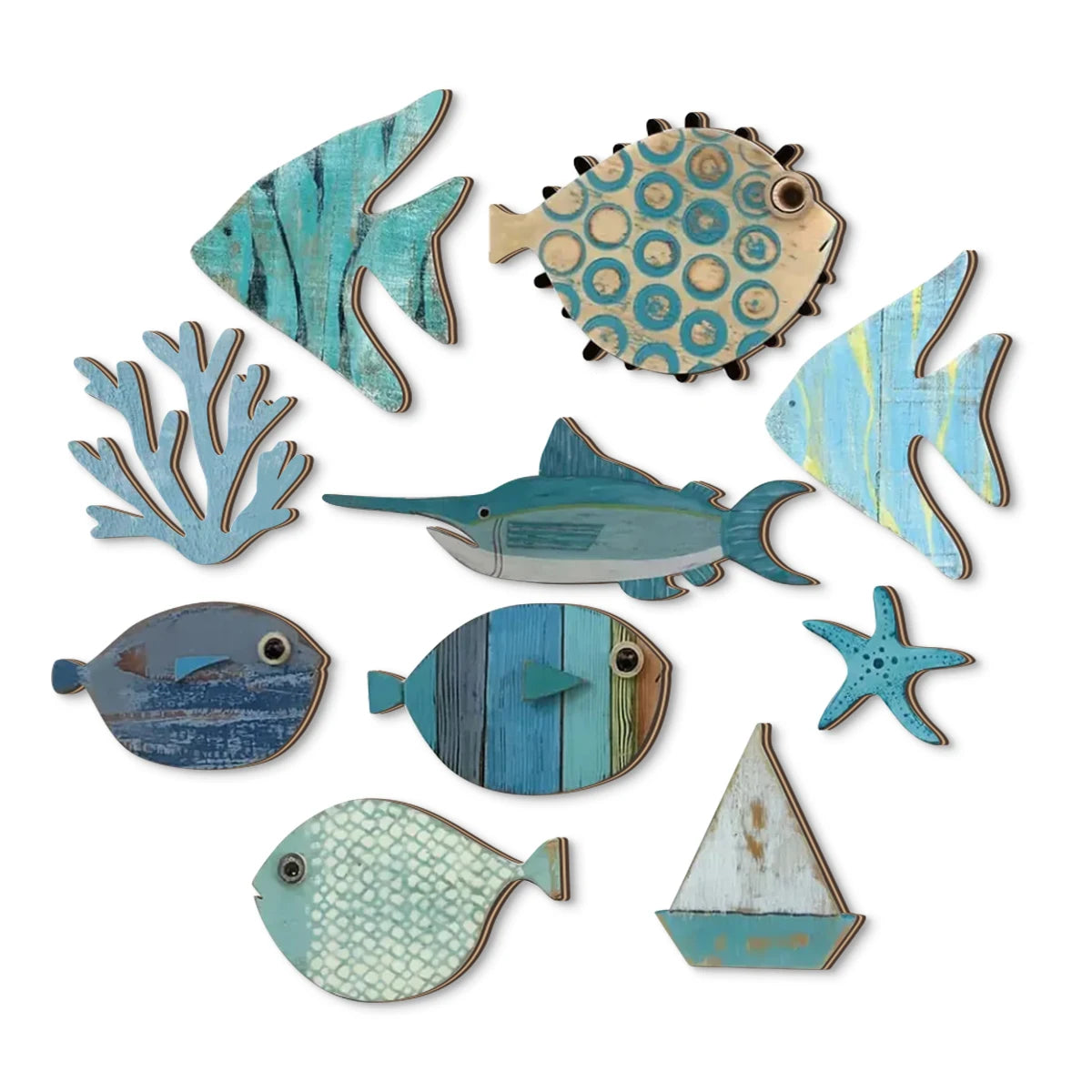 Handcrafted Wooden Ocean Wall Decor - Fish, Coral, Starfish &amp; Sailboat Set for Home/Bathroom, Coastal Style Art
