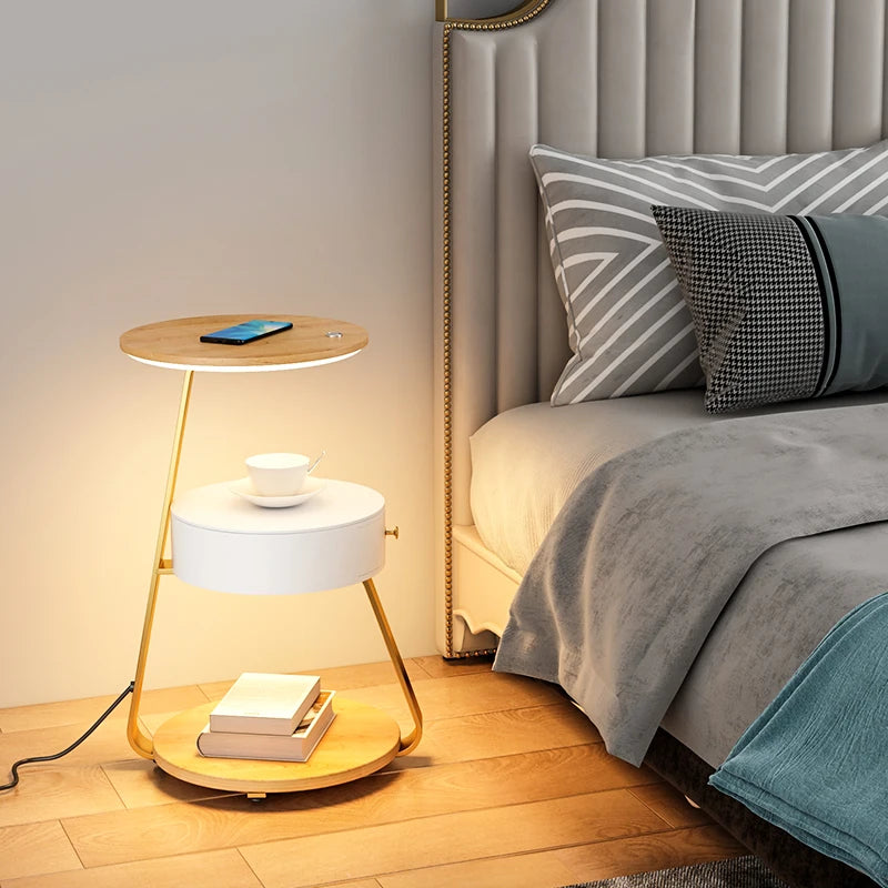 Bedroom Minimalist Nightstands Small Space Round Light Smart Bedside Table With Wireless Charger Nachttisch Library Furniture