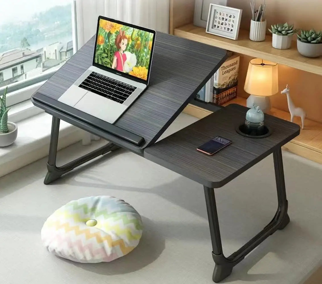 Work/Study in Bed Comfortably  Adjustable &amp; Foldable Lap Desk with Cup Holder, Ventilated Design Prevents Overheating.