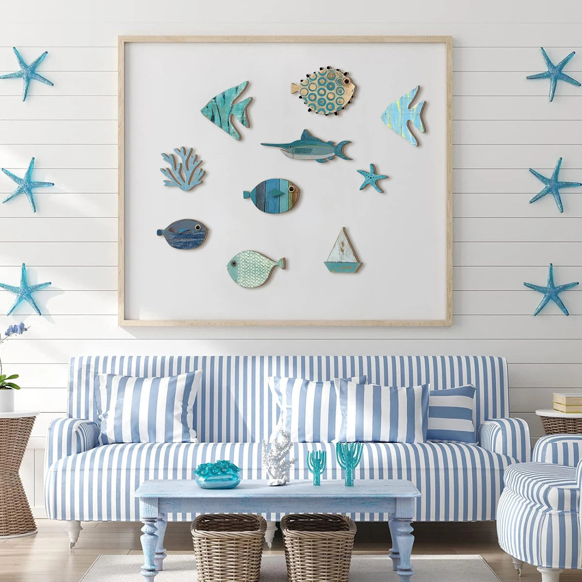 Handcrafted Wooden Ocean Wall Decor - Fish, Coral, Starfish & Sailboat Set for Home/Bathroom, Coastal Style Art