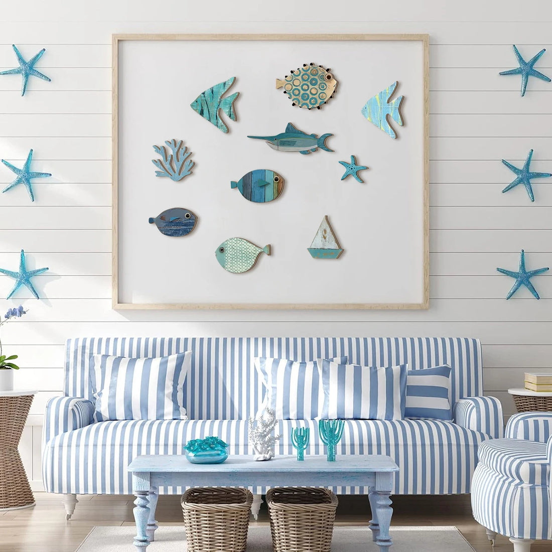 Handcrafted Wooden Ocean Wall Decor - Fish, Coral, Starfish &amp; Sailboat Set for Home/Bathroom, Coastal Style Art